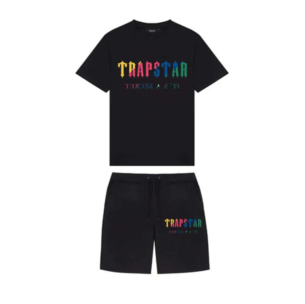 Sommer neuer Trapstar London Shooter Kurzarm-T-Shirt-Anzug Chenille-Decodierung Black Ice Flavour 2.0 Herren-T-Shirt-Shorts mit Rundhalsausschnitt Atmungsaktives Design 007ess