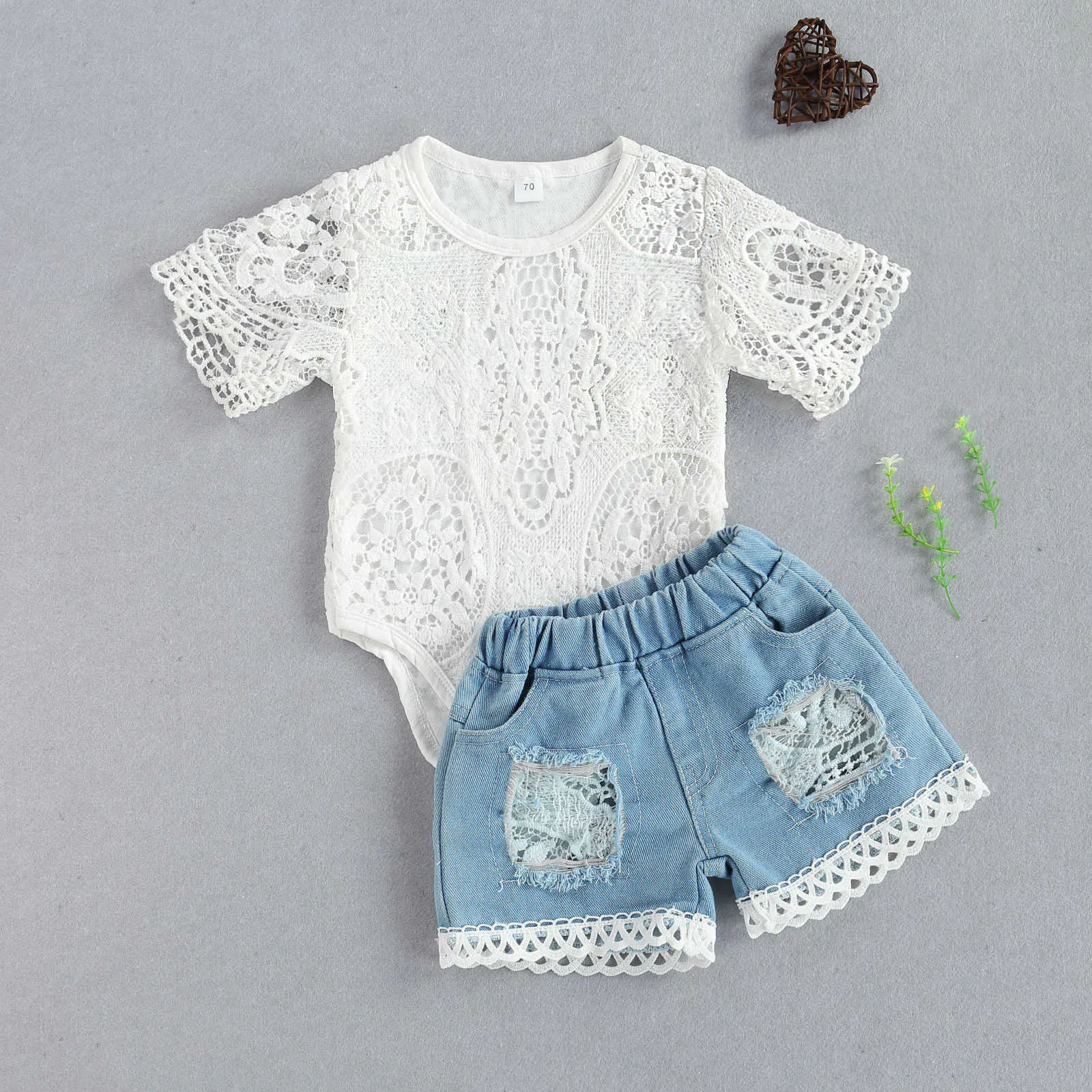 Clothing Sets Fashion Infant Newborn Baby Girls Summer Clothes Sets White Lace Flowers Bodysuits Top and Elastic Denim Shorts 2PCs Outfits