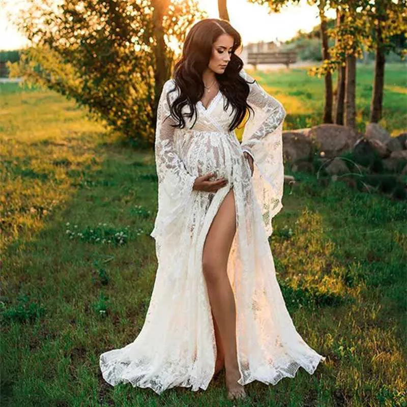 Maternity Photography Props Long Dresses Flare Sleeve See Through Maternity Photo Shoot Dress R230519