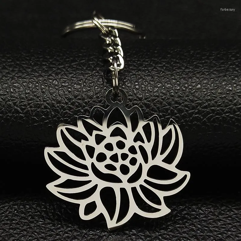 Keychains Fashion Lotus rostfritt stål för kvinnor Silver Color Flower of Life Keyring Jewelry Porte Clef K774S06S07