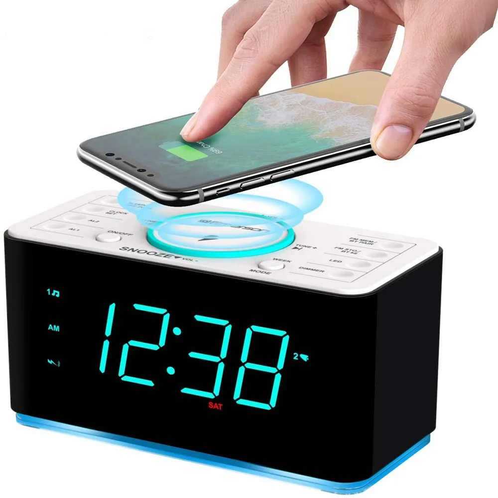 Emerson Radio Smartset 15W bezprzewodowe Ultra Szybkie ładowanie Dual Alarm Radio z głośnikiem Bluetooth, ładowarką USB, nocnym światłem i 1 4 cyjan