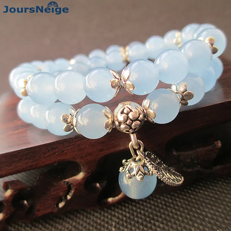 체인 Joursneige Blue Crystal Bracelets 8mm 둥근 비즈 여성용 멀티 층 보석 230519 용을위한 럭키 럭키 티베트어 잎 펜던트 팔찌 230519
