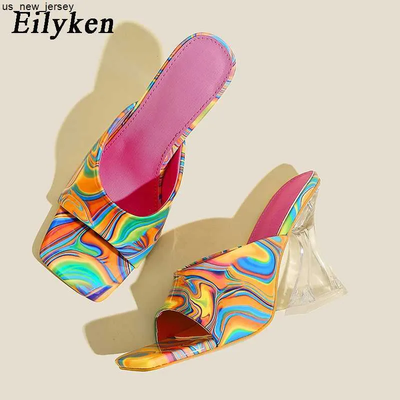 Slippare Eilyeken Camouflage Transparent Strange High Heels Woman Slippers Sandaler Square Toe Lady Pumps Slides Storlek 35-42 J230519