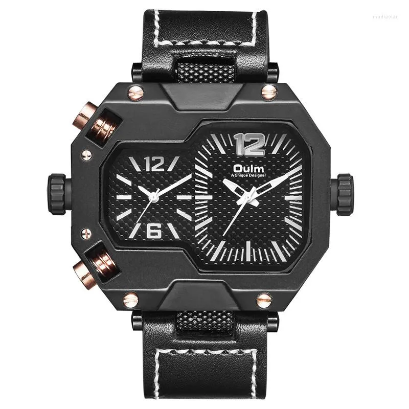 Montres-bracelets Marque Oulm 3878 Montre Unique Designer Cadran Irrégulier Militaire Cuir Hommes Sport 2 Fuseau Horaire Grosse Tête Hommes Quartz Poignet