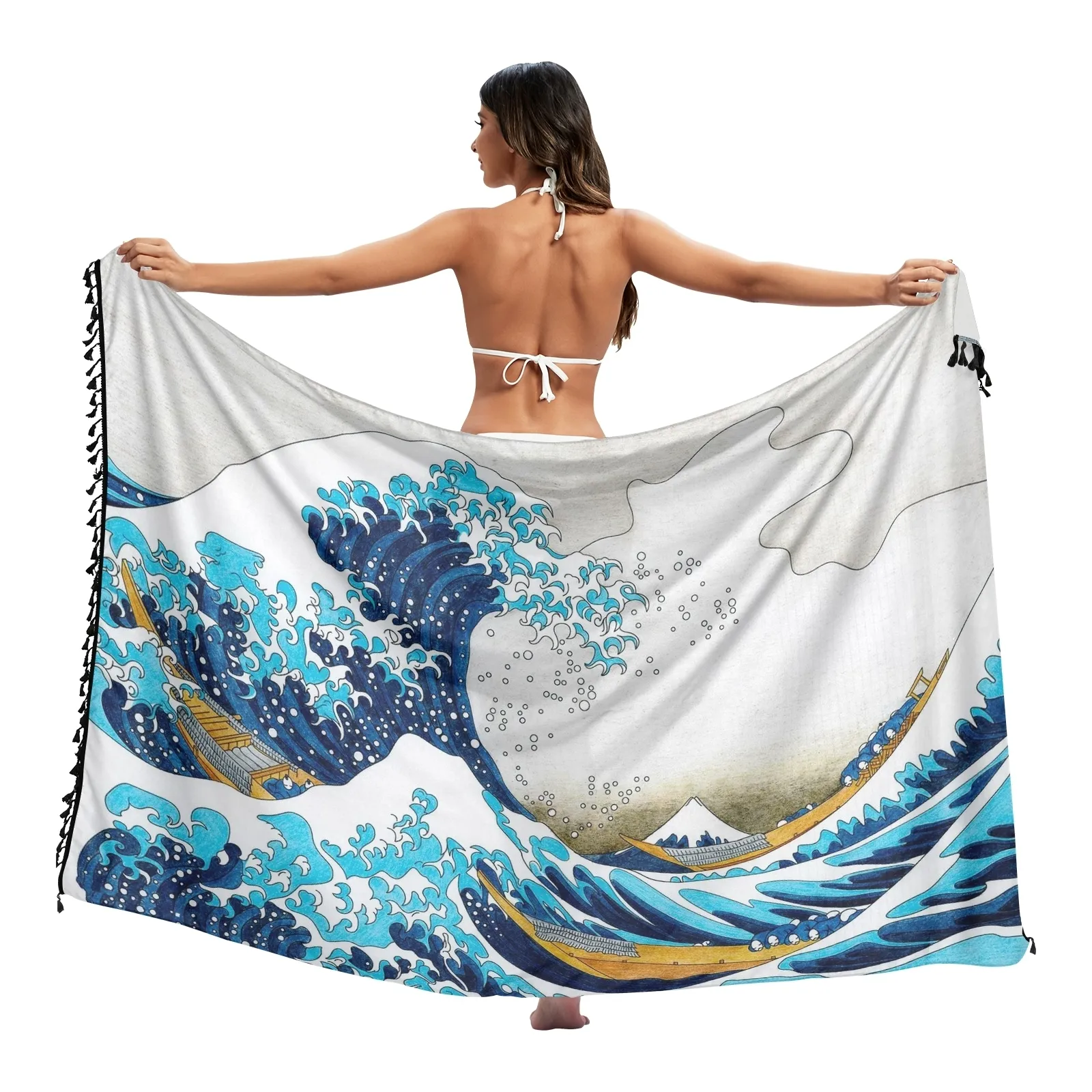 Sarongs The Great Wave of Kanagawa Twill Cotton Pareo Beach Cover-ups Women Beach Dress Bathing Badkläder Cover Up Snow Sarong Scarf 230519