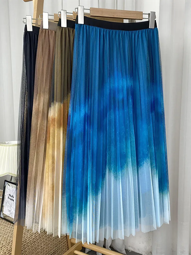 Rijren Croysier Midi Lang voor vrouwen Fashion Tie Dye Print Gradiënt Kleur Mesh Geplooide rok Elastische hoge taille TULLE 230519