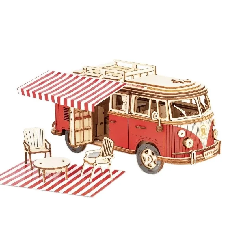 Block 3D -bil Trä Volkswagen T1 Camper Truck Puzzle Handgjorda DIY Monterade Model Toy Series Boy Female Gift 230520