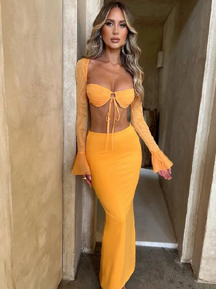 chinese dress ladies Yellow Spaghetti Strap V-Neck Lace Two Piece Long Prom Dress main image 1