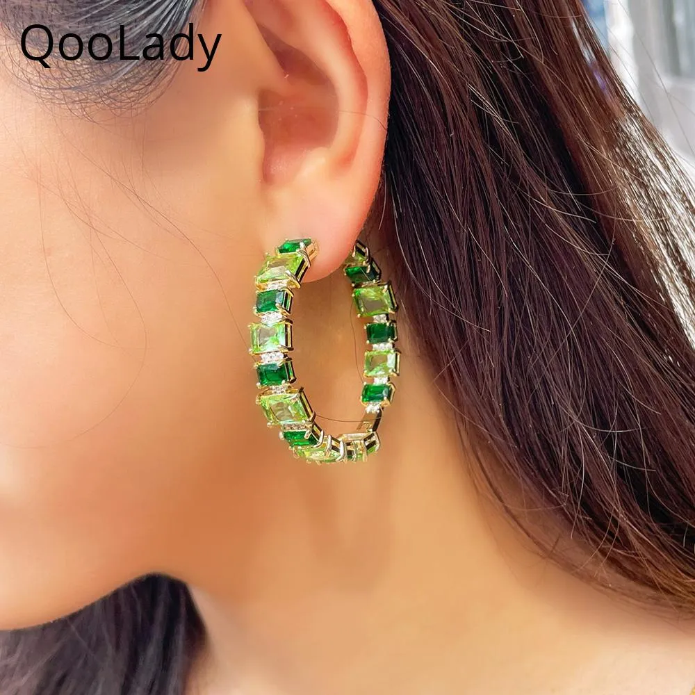 Kolczyki Qoolady Classic Princess Cut Green Cubic Crirconia Yellow Gold Women Jewelry Big Circle Roop Hoop Earring for Dancing Party E252