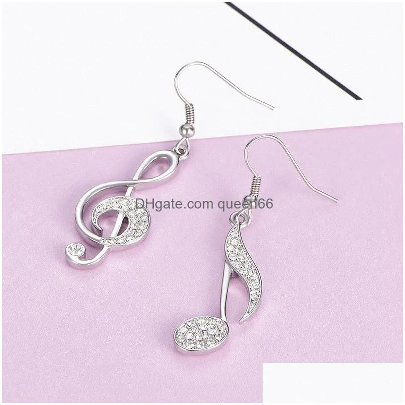 high fashion rhinestone shiny treble clef notes eighth note dangle earrings for women crystal gold silver rose gold hook earring