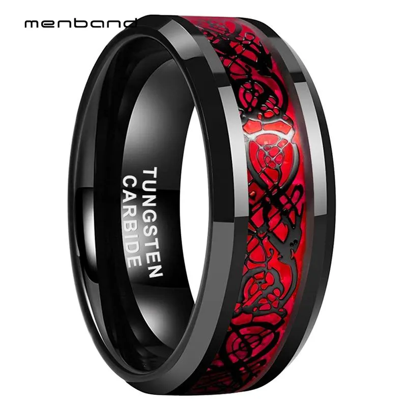 Ringe Ehering für Herren und Damen, schwarzer Wolframring mit rotem Opal und schwarzer Dracheneinlage, 8 mm, bequeme Passform