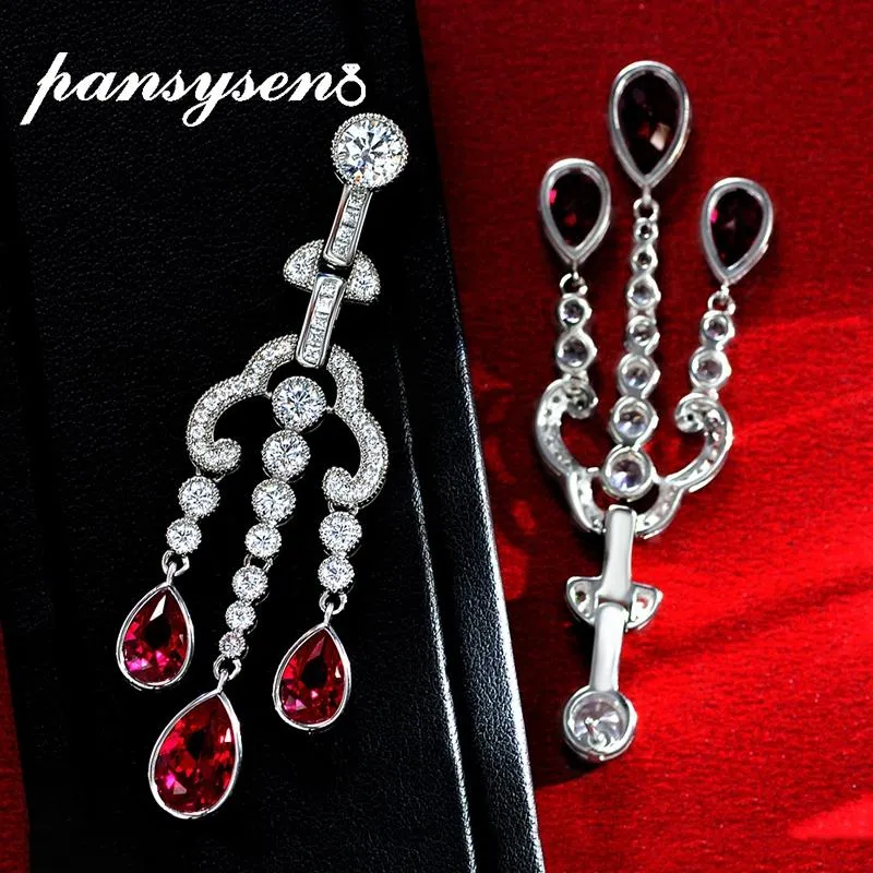 Boucles d'oreilles PANSYSEN Vintage réel 925 en argent Sterling goutte d'eau rubis créé Moissanite diamant balancent boucles d'oreilles pour les femmes bijoux fins