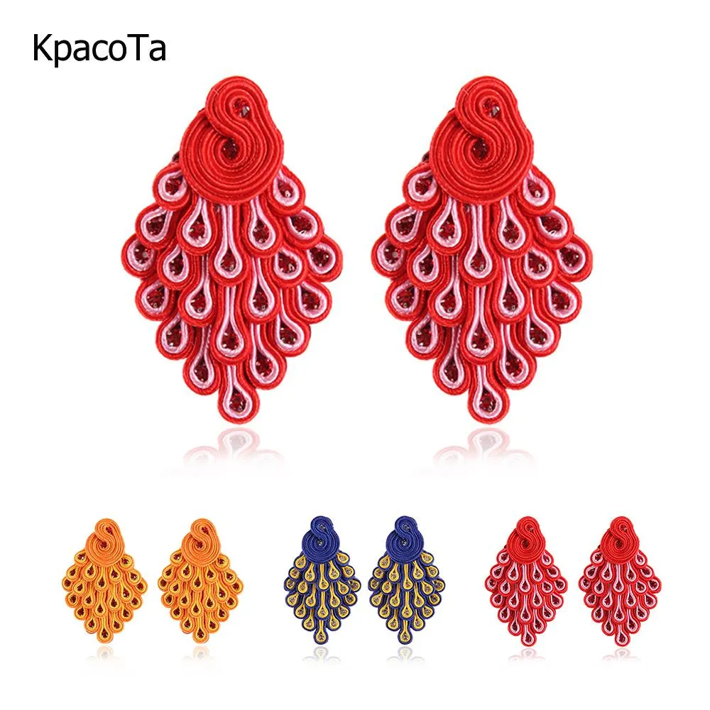 Knot Handmade Soutache Charmiga dingle örhängen påfågel orange blå gula kvinnors örhängen stora kvinnors örhänge flash crystal gåva