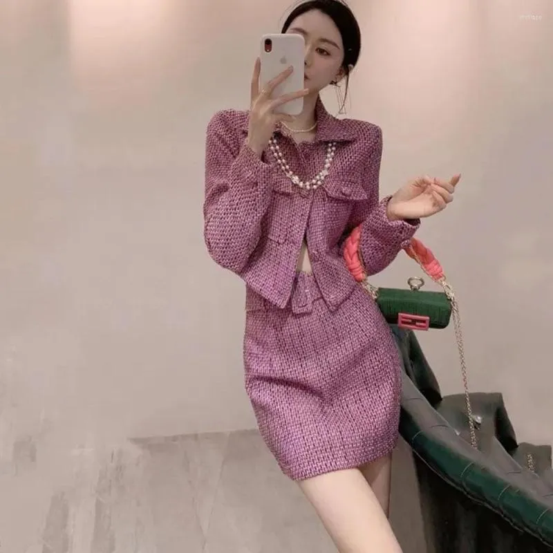 Werkjurken Purple Elegant Tweed Rok Pak Vrouwen Rapel Lange mouw Korte jas jassen Hoge taille A-lijn rokken 2023 Herfst tweedelige sets