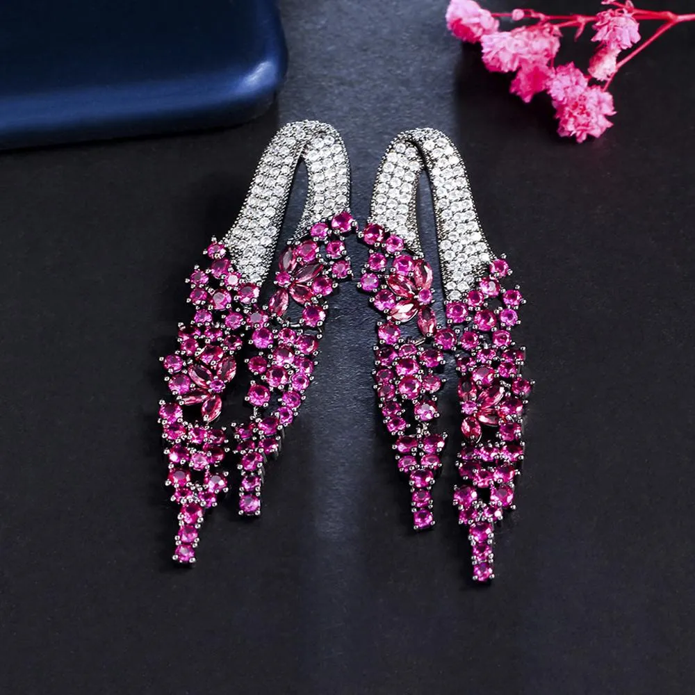 Knot ThreeGraces Hot Pink Cubic Zirconia Long Dangle Drop Party Earrings for Women Brazilian Fashion Black Gold Color Jewelry ER861