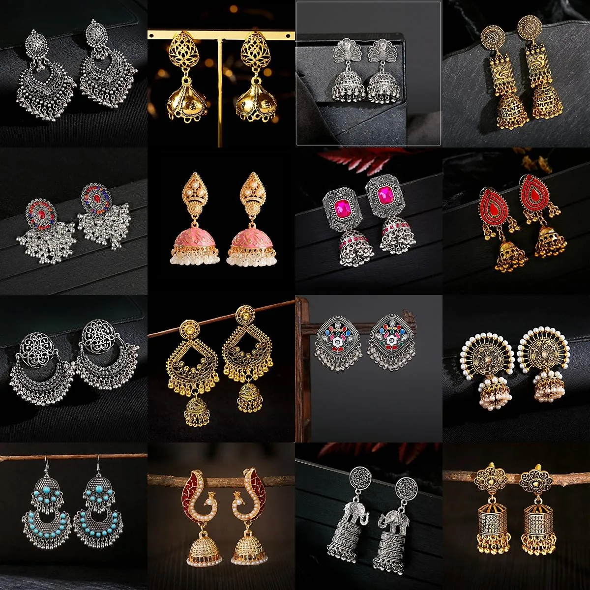 Nudo 12 par/lote pendientes étnicos bohemios afganos para mujer colgante Color rosa dorado plata campana señoras joyería India al azar