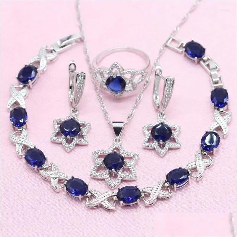 Orecchini Collana Set Star Shape Royal Blue Cz 925 Sier Nuziale Per Le Donne Orecchino Pendente Anello Bracciale Drop Delivery Jewelr Dhgarden Dhtlr