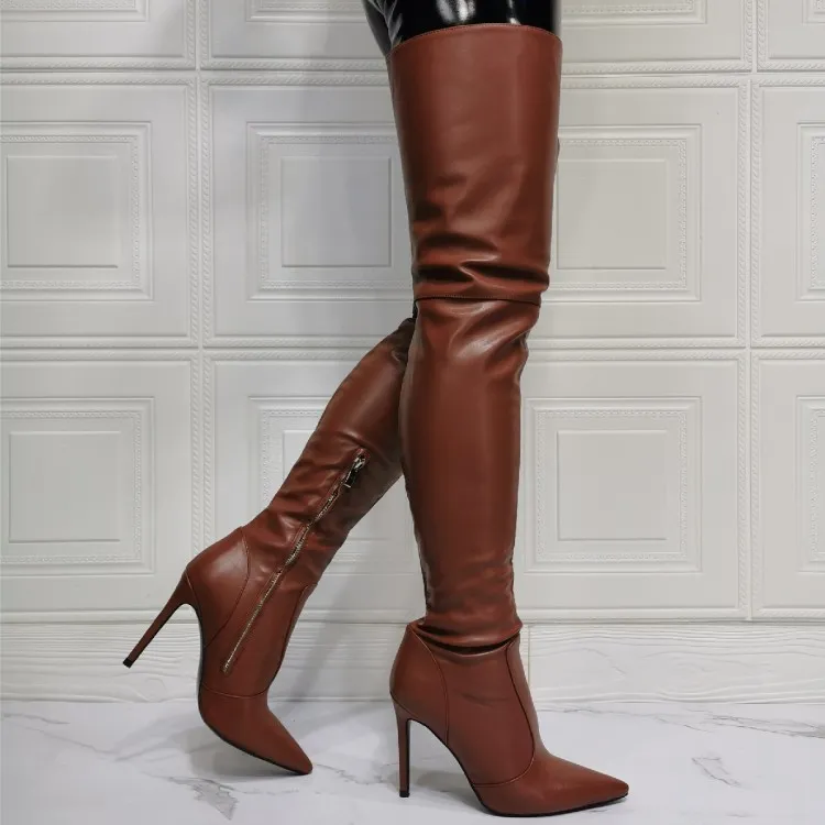 Olomm 2023new Fashion Handmade Women High Boots High Boots Sexy Stiletto Heels Pointed Tee Brown Party Shoes Women بالإضافة إلى حجمنا 6-15