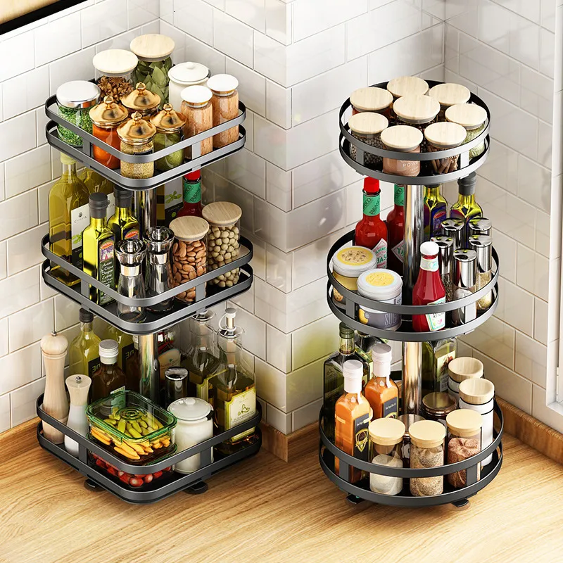 Storage Holders Racks Spice Rack Jars Organizer 360 Rotating Tempero Holder Seasoning Door Kitchen Condimenters Dish Spinning Tray Fridge 230520