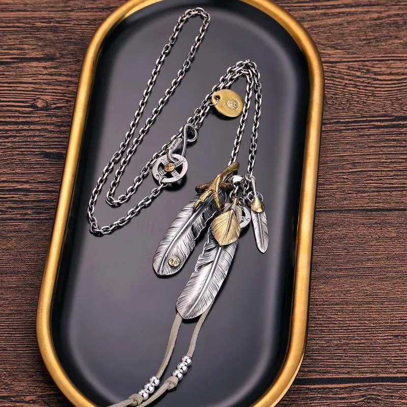 Ожерелья из стерлингового серебра S925, ювелирные изделия Takahashi Goro, серебряное ожерелье с бирюзовым пером, женское и мужское, цепочка на свитер GON081