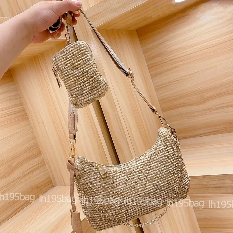 wholesale with Triangle Straw Crossbody Bags Shoulder Messenger Bag High Quality Women Summer Woven Gold Chain Fashion Designer Hobo Purse Three-in-one