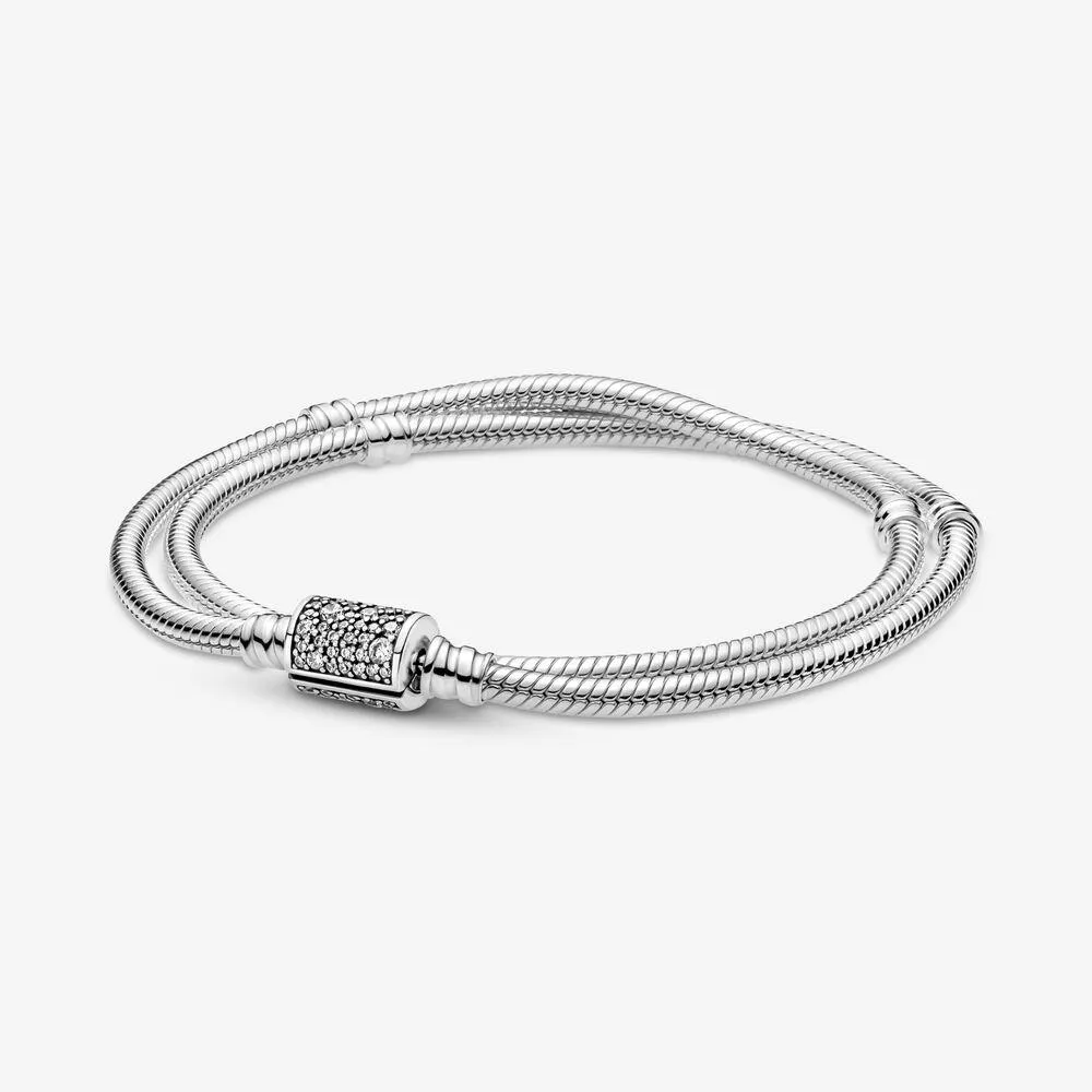 Bangle Moments Dubbel Wrap Barrel Clasp Snake Chain Armband för kvinnor 925 Sterling Silver Jewelry Fit Charms Pärlor Armband DIY
