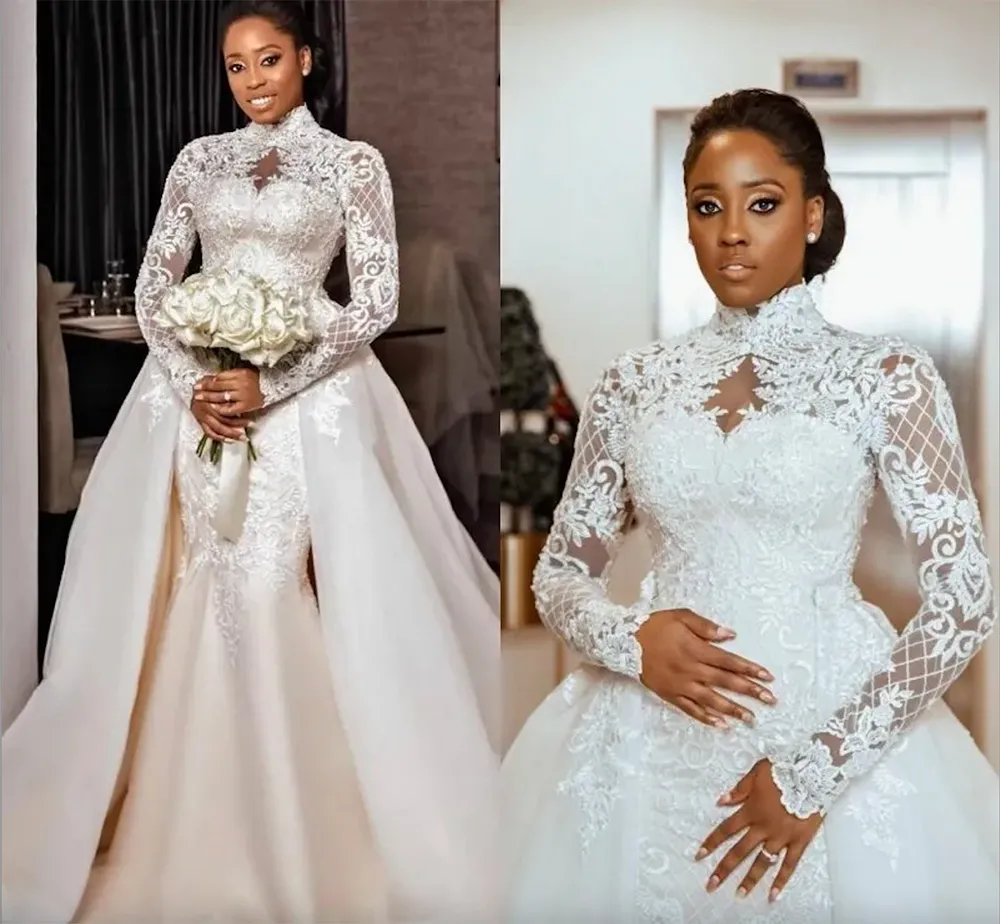 Afrikanische Meerjungfrau Hochzeit Kleid Abnehmbare Zug 2023 High Neck Spitze Appliques Arabisch Brautkleider Lange Ärmel Robe De Mariage