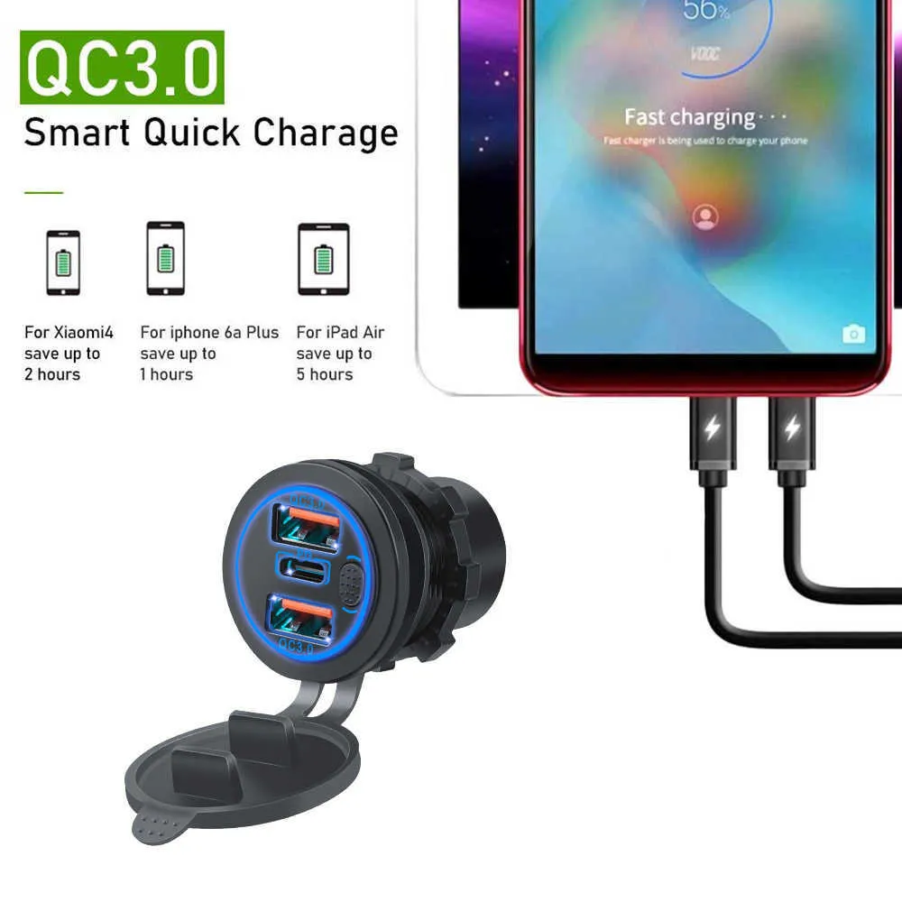 Caricabatteria da auto per auto 68w Dual Qc 3.0 Usb Pd Type-c Tripla presa accendisigari 12-24v con interruttore tattile per auto barca Marine Rv