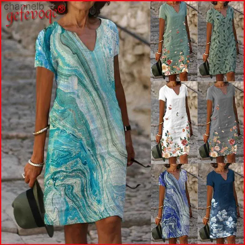 Abiti casual Abiti in lino di cotone con stampa vintage per le donne 2021 Abiti di tendenza Abito longuette da spiaggia a maniche corte casual Robe Vestidos De Verano L230520