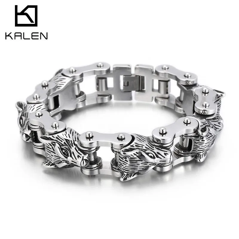 Armbanden Kalen Viking Wolf Hoofd Armband Fietsketting Punk Stijl Rvs Charm Heren Armbanden Armband Sieraden