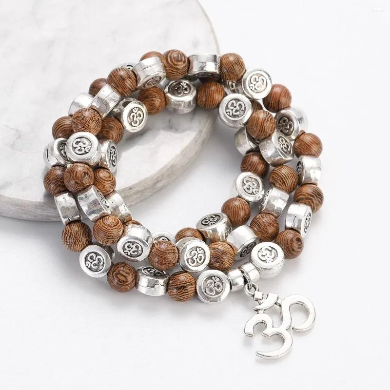 Strand Multilayer Natural Wood Alloy For Women Men Tibetan Buddhist Mala Buddha Charm Rosary Bracelets Yoga Jewelry