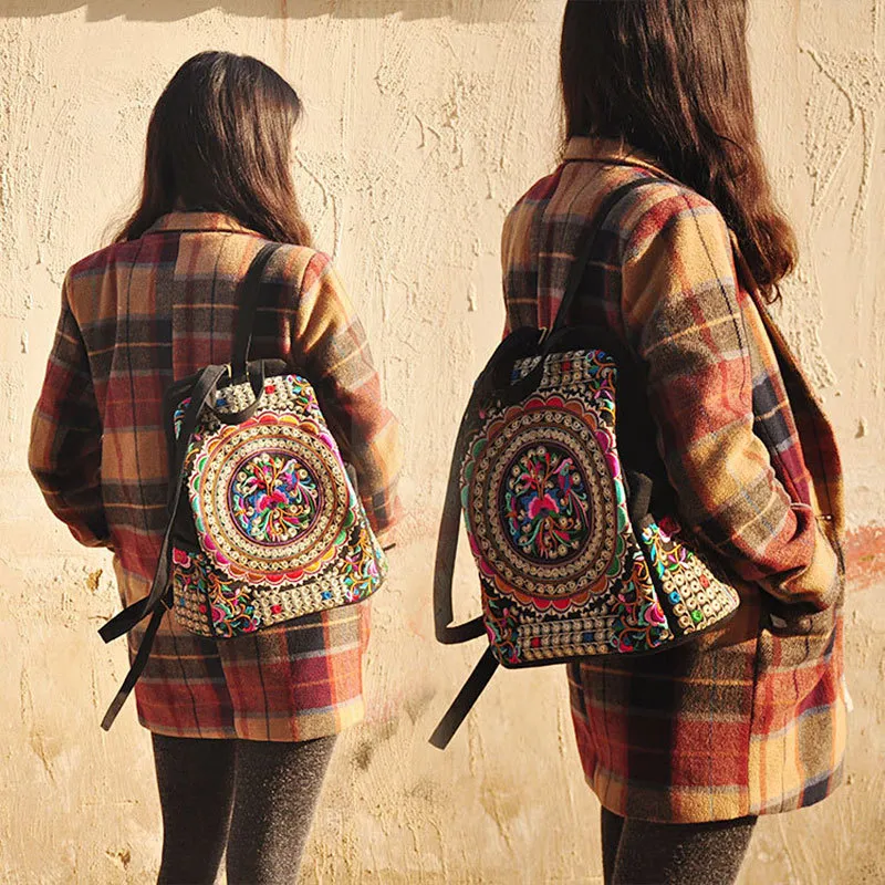 Canvas Embroidered Boho Backpack Travel Shoulder Bag Daypack Hippie Canvas Women Backpack Purse- Boho Style Ethnic  main image 4