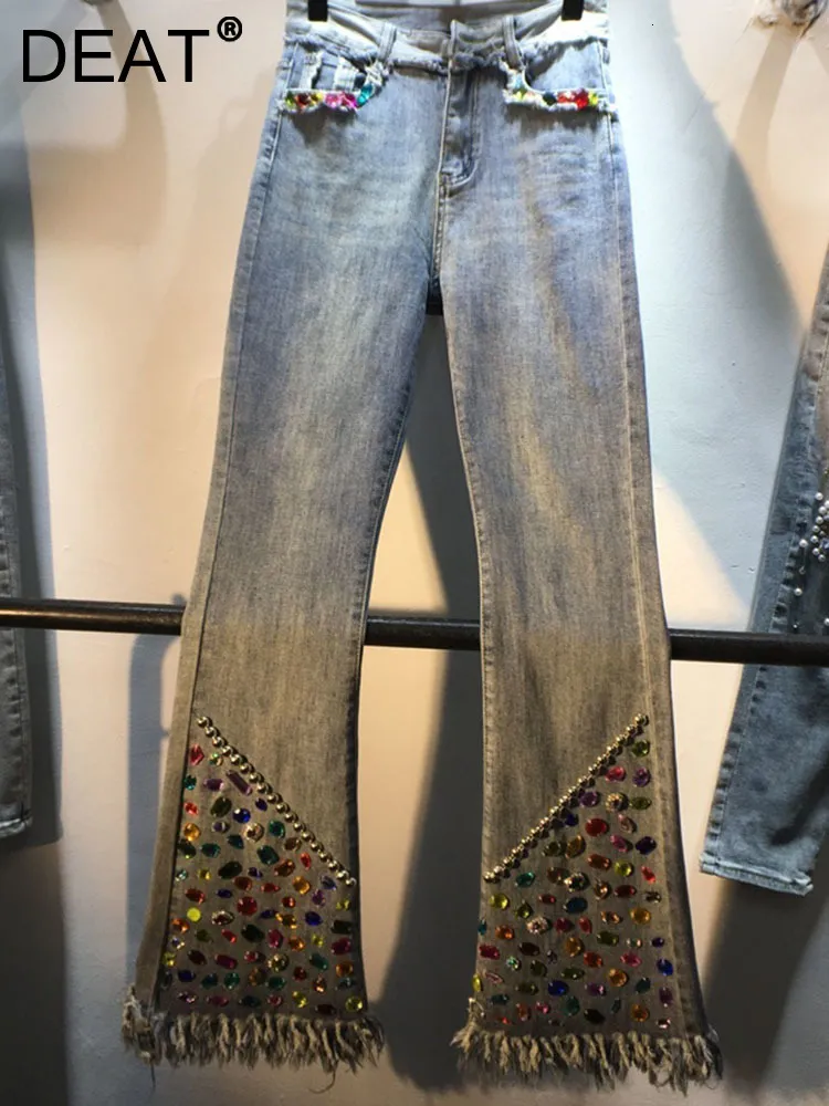 Jeans femininos DEAT Mulheres Flared Borla Diamante Borda Burr Cintura Alta Slim Fit Elastic Denim Calças Longas 223 Moda Verão 29L21 23519 230519