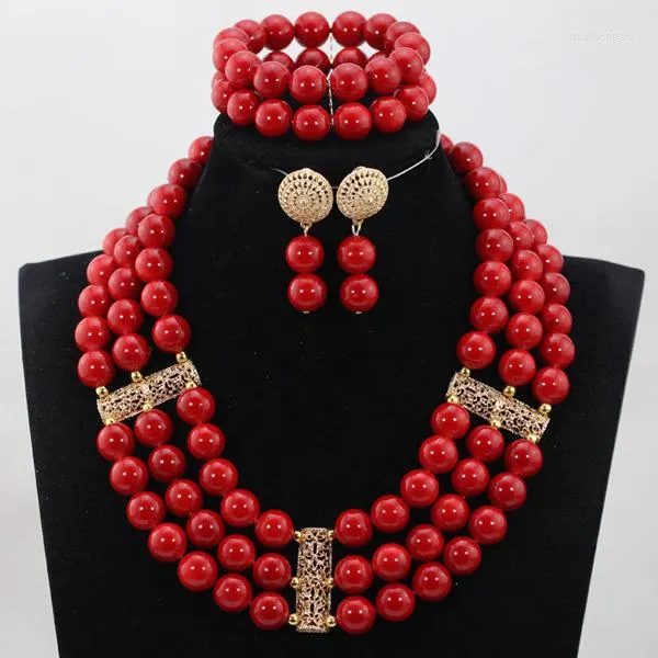 Conjunto de pendientes de collar, cuentas redondas rojas, joyería nupcial de Dubái africano, 3 filas, boda WD993