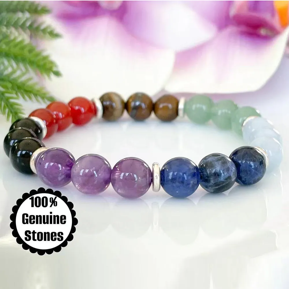 MG1916 NEW 7 CHAKRA GEMSTONE HANDMADE BRACELET WOMENS BLACK Tourmaline Energy Wrist Mala Yoga Jewelry