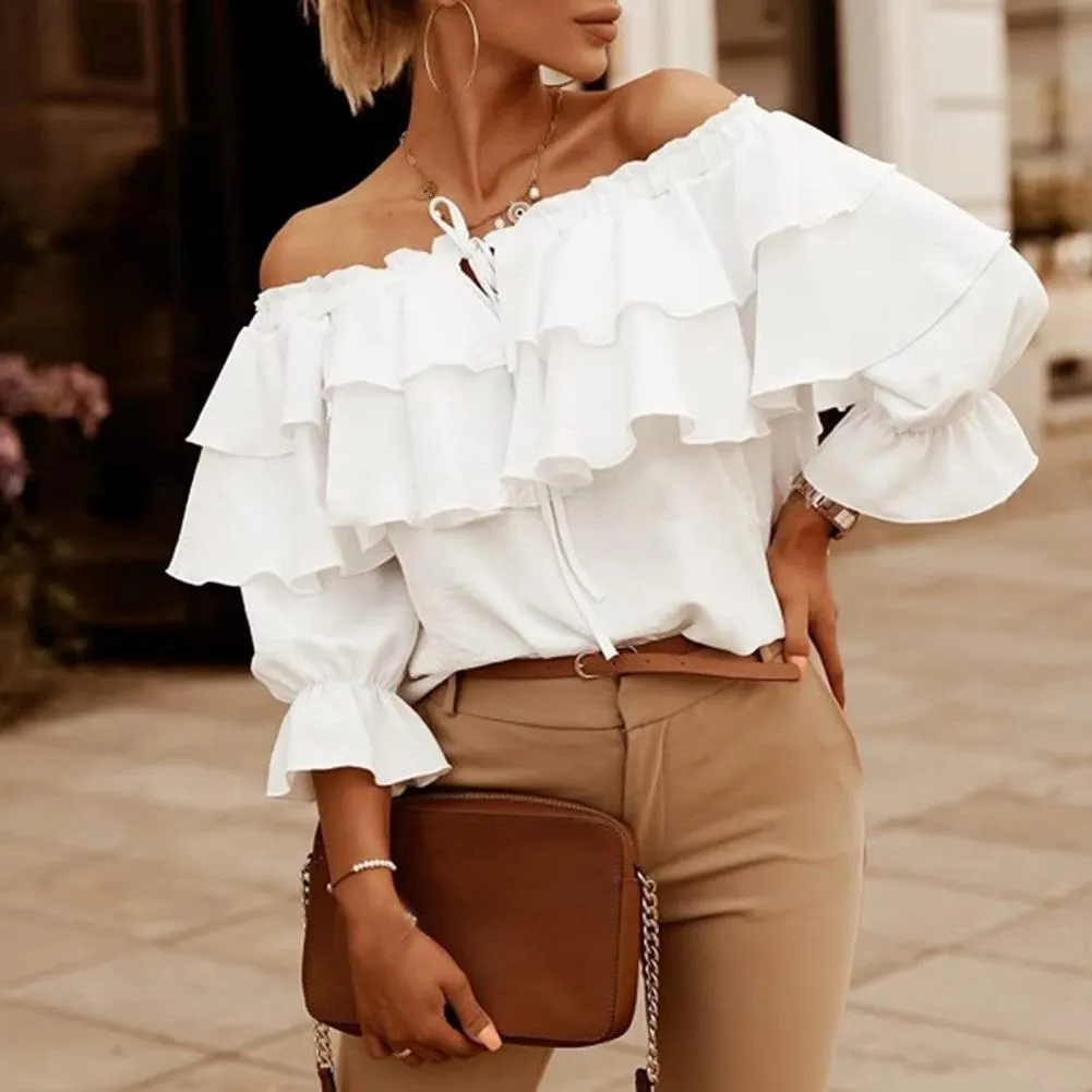 Women's Off-Shoulder Blouse with Lantern and Ruffled Sleeves, image size:1001x1001