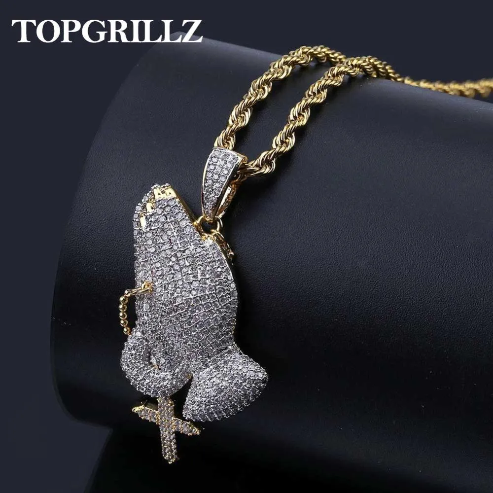 Necklaces Iced Out Praying Hand Pendant Necklace With Cross Mens/Women Gold Plated Hip Hop Charm Jewelry Necklace Chain For Gifts