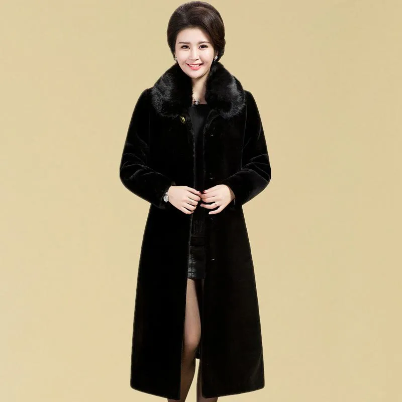 Manteau d'hiver en fausse fourrure pour femme longueur au genou Imitation vison en peluche collier de cheveux de la mère lâche grand coupe-vent