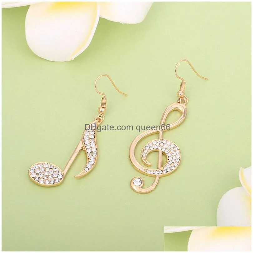 high fashion rhinestone shiny treble clef notes eighth note dangle earrings for women crystal gold silver rose gold hook earring