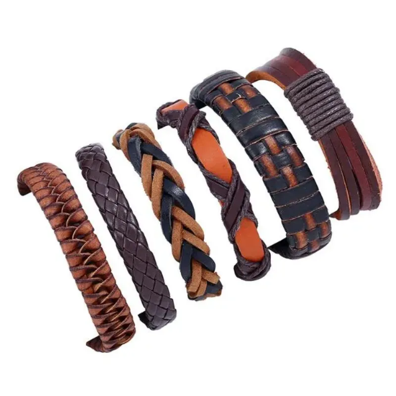 mode serie Men Woman Cowhide Bracelet Des Dieny kralen strengen bruin overlappende vlechtcombinatie pak suite armband 6styles/1set