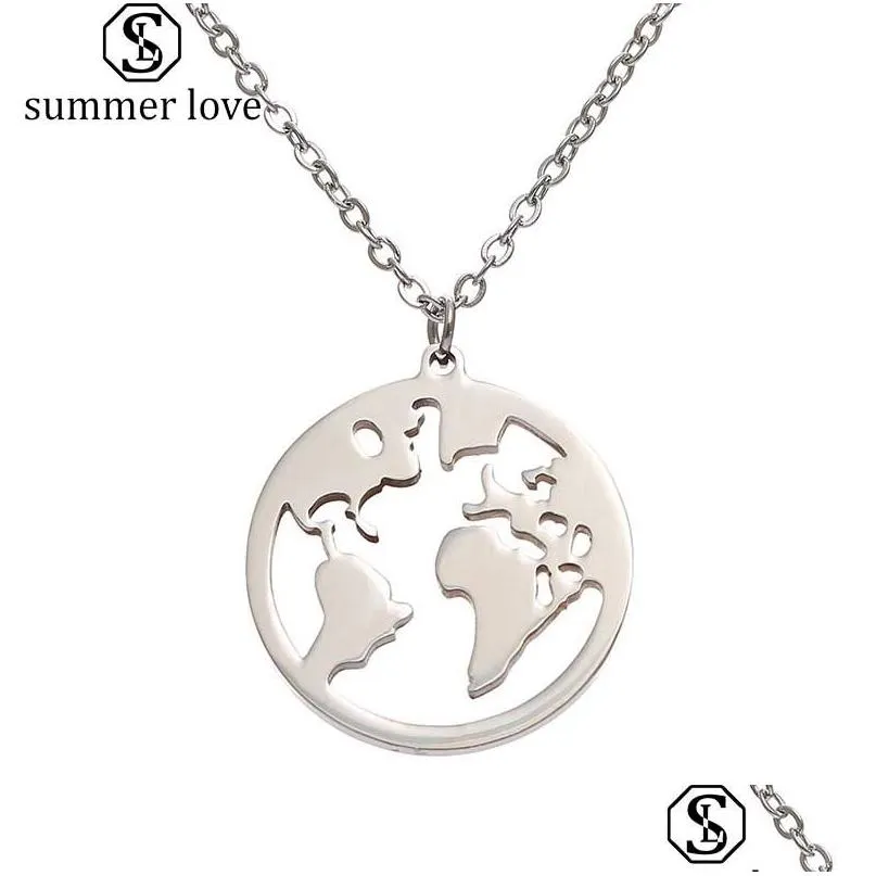 Pendentif Colliers En Acier Inoxydable Carte Du Monde Collier Wanderlust Géométrique Pendentifs Ronds Personnalisé Mode Bijoux En Plein Air Terre Dhb6H