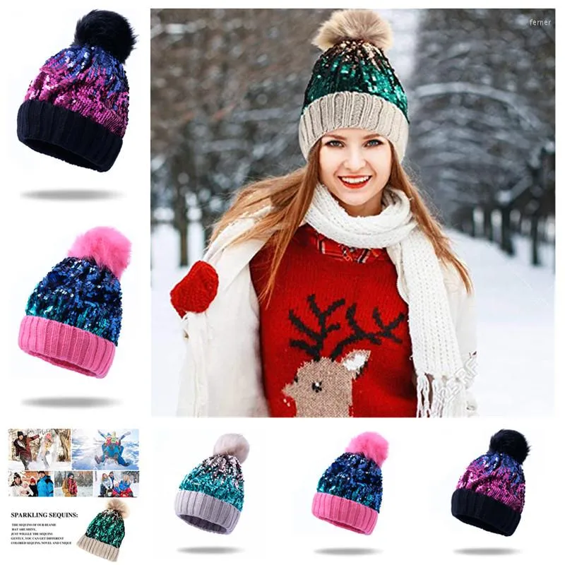 Berets Homiton Women Sequin Knitted Beanie Hat With Faux Fur Pom-Pom Shiny Bling Skull Cap Fashion Thick Winter