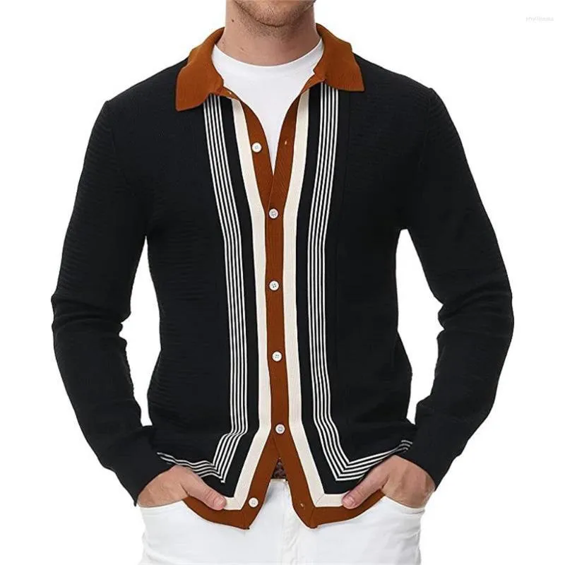 Herrtröjor Fashion Europe-USA Style Men Viscose Polo Collar Striped Jacquard Splicing Single-Breasted Long Sleeve Cardigan tröja