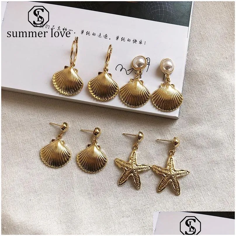 Dangle Chandelier New Fashion Starfish Conch Cowary Sconst Brincos para mulheres Bohemian Grega Circle Gold Lhlow Pearl Delivery J Dhlht