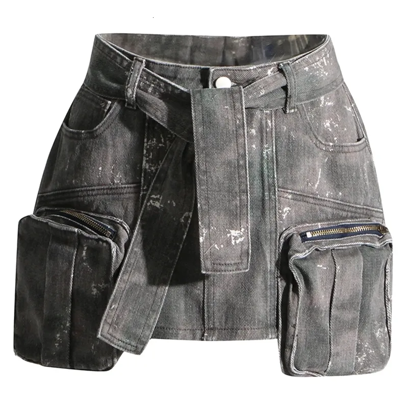 Röcke TWOTWINSTYLE A-Linie für Frauen, hohe Taille, kurze Länge, Patchwork, Schnürung, Camouflage-Jeansrock, weiblich, Sommermode, 23519 230519