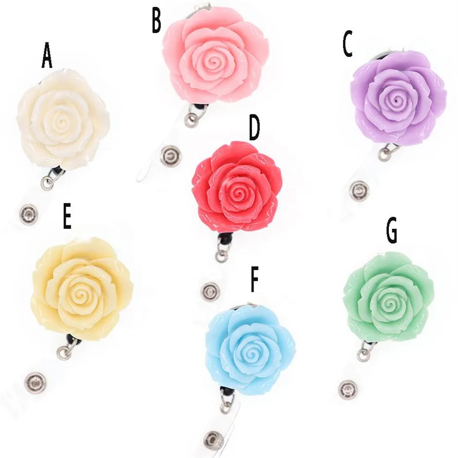 20pcs Lot Anahtar Yüzükleri Çok renkli reçine gül çiçek şekli geri çekilebilir rozet makarası tutucu, dekorasyon için timsah klipsli287a