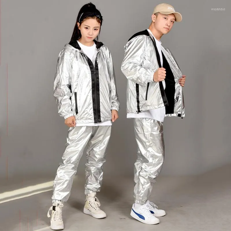 Stage Wear Hip Hop Dance Costumes Women Men Shiny Silver Coat Pants Street Dancing Clothes Adults Jazz Performance Outfit DN5392