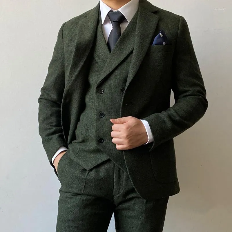 Completi da uomo RICODESIGN Completo da uomo formale da lavoro slim fit 3 pezzi Giacca in tweed verde Pantaloni Gilet Moda Inverno Su misura