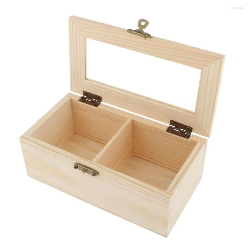 Jewelry Pouches Plain Wooden Box Tea Organizer Case Storage W/ Lock 2 Slots