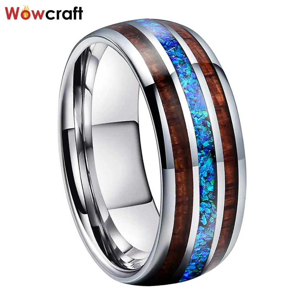Rings Mens 8mm Tungsten Carbide Ring with Blue Opal Koa Wood Inlay Wedding Band Womens Engagement Promise Ring Comfort Fit